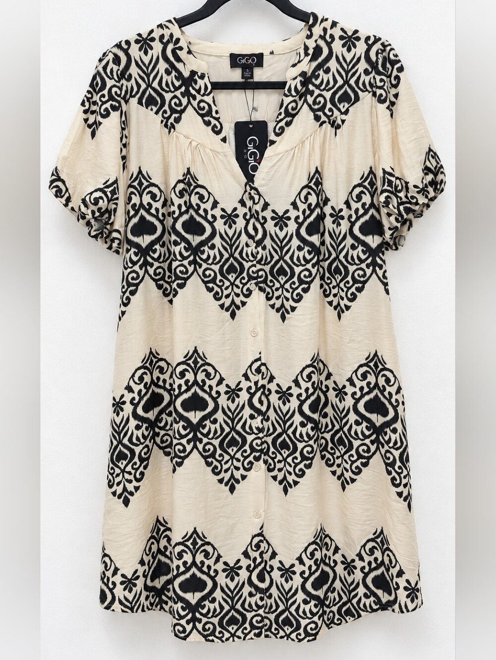 GiGiO USA Black & Cream Boho Print Button Front Dress Size Large NWT